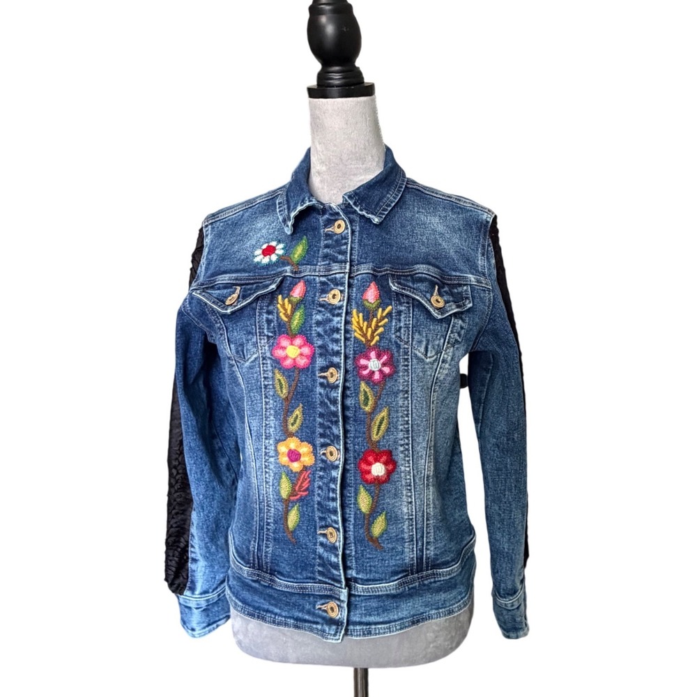 Zibella Jeans Embroidered Virgin Mary Denim Jacket Blue Lace Sleeve Women Medium - Picture 7 of 11